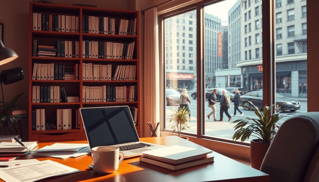 A cozy, well-lit office interior showcasing the financial support for a small business. In the foreground, a desk with a laptop, paperwork, and a cup of coffee, representing the daily operations. In the middle ground, a bookshelf filled with accounting and finance books, symbolizing the financial management. The background features a large window overlooking a bustling city street, suggesting the connection between the small business and the broader economic landscape. The overall mood is one of focus, organization, and the potential for growth, capturing the essence of why a small business would seek financial support.