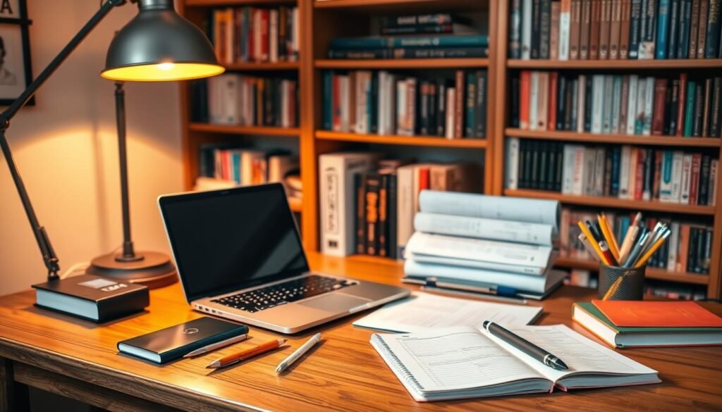 A cozy workspace with a laptop, notebook, and various office supplies arranged neatly on a wooden desk, illuminated by a warm, desk lamp. In the background, a bookshelf filled with resource books on grant writing and funding opportunities. The scene exudes a sense of focused productivity, with a calm and inviting atmosphere that inspires creative grant research and proposal development.