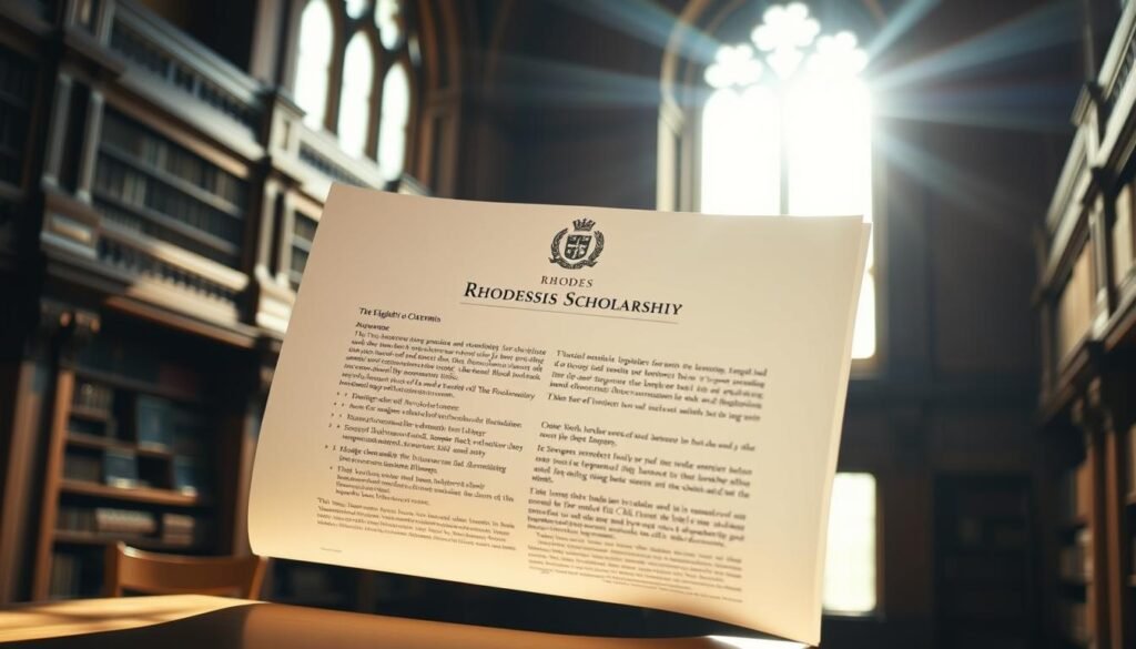 A crisp academic document floating in a dimly lit, oak-paneled library. Sunlight filters through tall windows, casting warm pools of light on the polished surface. The text is elegantly typeset, the headers and bullet points precisely aligned. Subtle embellishments - an ornate university seal, perhaps a subtle watermark - lend an air of prestige and tradition. The overall mood is one of scholarly rigor and opportunity, inviting the viewer to explore the eligibility criteria for the prestigious Rhodes Scholarship.