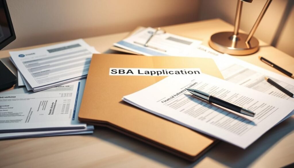 A crisp, clean desktop filled with the essential documents for a small business loan application. The focal point is a well-organized folder marked "SBA Loan Application", surrounded by neatly stacked forms, financial statements, and a pen poised to fill them out. The lighting is warm and natural, with a soft glow from a desk lamp casting a professional ambiance. The background features a neutral color palette, allowing the application materials to take center stage. The overall composition conveys a sense of efficiency, preparedness, and the confidence needed to navigate the SBA loan process successfully.