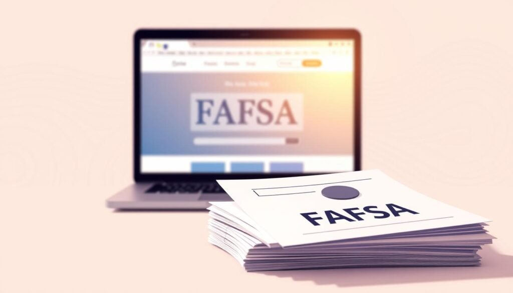 A crisp, clean illustration of a FAFSA application guide, set against a soft, pastel-hued background. In the foreground, a stack of official-looking documents and forms, with a prominent FAFSA logo. Slightly out of focus in the middle ground, a laptop screen displaying a FAFSA web page, bathed in warm, diffused lighting. In the background, a subtle pattern of textured lines and shapes, suggesting the academic and financial elements of the college application process. The overall mood is one of organization, guidance, and the calm focus needed to navigate the complexities of financial aid.