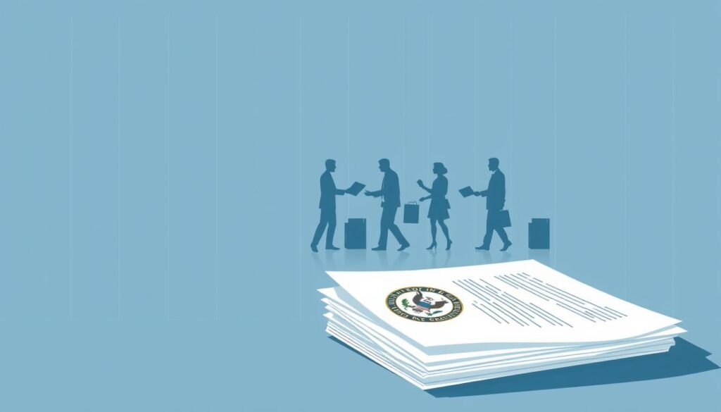 A crisp, minimalist illustration of SEC equity crowdfunding regulations, rendered in a clean, technical style. In the foreground, a set of stacked paper documents with official seals and stamps, representing the regulatory framework. In the middle ground, a stylized depiction of the funding process, with silhouettes of investors and entrepreneurs exchanging money and documents. The background features a muted grid pattern, evoking the digital infrastructure that powers modern startup financing. The lighting is cool and even, with a sense of authority and professionalism. The overall tone is one of clarity, order, and the intersection of finance, technology, and government oversight.