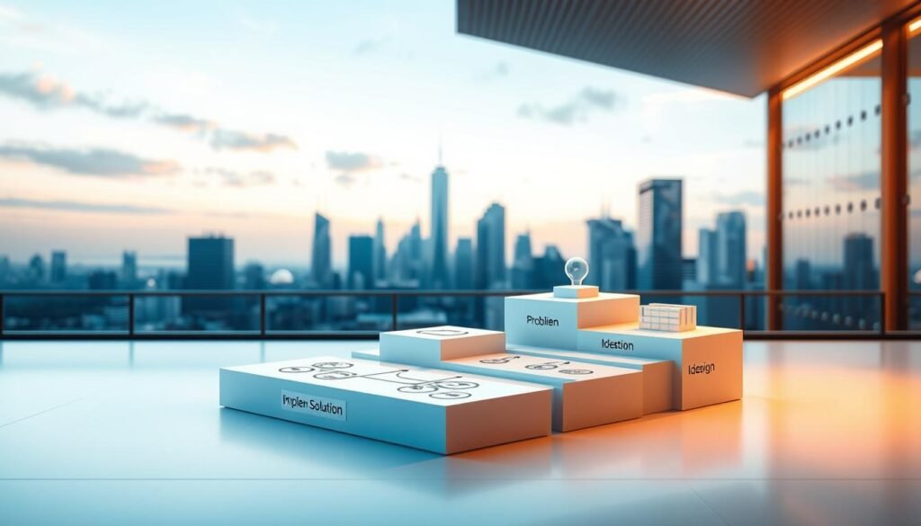 A detailed, architectural illustration of a problem solution framework. In the foreground, a three-dimensional diagram depicts the key steps: problem definition, ideation, and implementation. The middle ground showcases various problem-solving tools and methodologies, such as mind maps, flow charts, and design thinking. In the background, a minimalist cityscape with sleek, modern buildings and a serene sky creates a professional, futuristic atmosphere. Warm, directional lighting illuminates the scene, casting subtle shadows and highlights to accentuate the three-dimensional elements. The overall composition conveys a sense of structured problem-solving, innovation, and strategic thinking.