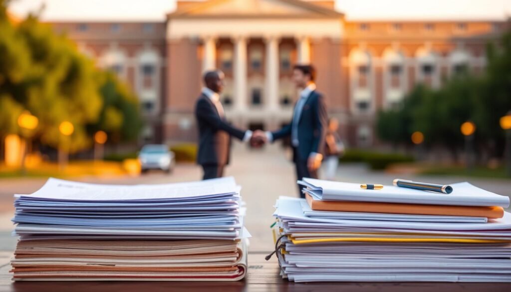 A detailed comparison of grant and scholarship eligibility, depicted against a soft, blurred backdrop of a university campus. In the foreground, two stacks of documents representing the application process for grants and scholarships, illuminated by warm, directional lighting. In the middle ground, two figures, one in a suit and one in a casual outfit, shaking hands to symbolize the collaborative nature of these funding opportunities. The scene conveys a sense of professionalism, opportunity, and the nuanced differences between grants and scholarships.