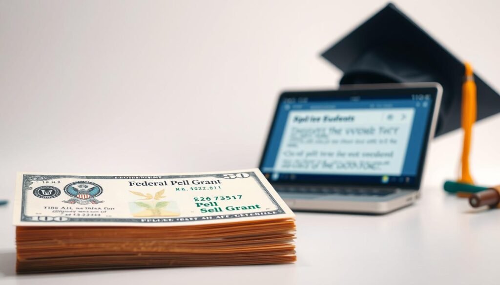 A detailed illustration of a federal Pell grant, captured under warm, natural lighting against a clean, white background. In the foreground, a stack of U.S. dollar bills and official government documents depicting the Pell grant logo and key details. In the middle ground, a laptop computer displaying information about Pell grant eligibility and application process. In the background, a graduation cap and diploma, symbolizing the educational opportunities enabled by this need-based financial aid program for college students.