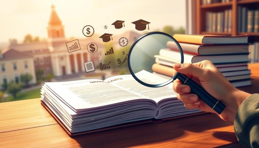 A detailed illustration of college grants, depicting a stack of books and documents on a wooden desk, illuminated by warm, directional lighting. In the foreground, a hand holds a magnifying glass, examining the fine print of a grant application. The middle ground showcases various grant-related icons and symbols, such as dollar signs, graduation caps, and financial charts. The background features a softly blurred university campus, conveying the academic setting. The overall scene exudes a sense of thoughtful exploration and financial understanding, capturing the essence of "What Are Grants for College and How Do They Work?"