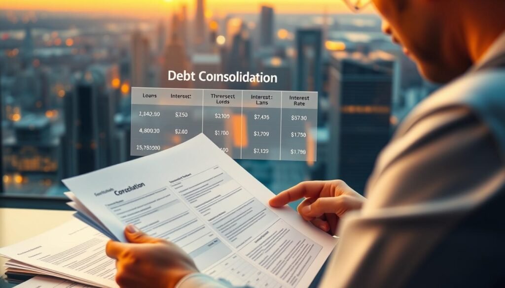 A detailed illustration of effective debt consolidation and smart borrowing strategies. In the foreground, a person carefully reviewing financial documents, considering their options. In the middle ground, a visual representation of debt consolidation, with various loan types and interest rates being compared. In the background, a cityscape symbolizing the larger financial landscape, with a warm, golden glow illuminating the scene. The lighting is soft and inviting, conveying a sense of control and financial empowerment. The camera angle is slightly elevated, giving the viewer a sense of perspective and authority over the financial decisions being made.