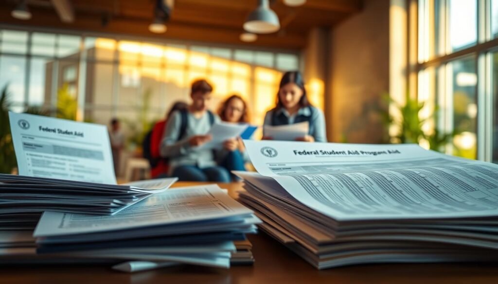 A detailed illustration of federal student aid programs, illuminated by soft, warm lighting from the side. In the foreground, various financial aid documents and forms are neatly arranged, reflecting the practical and accessible nature of these resources. The middle ground features students of diverse backgrounds reviewing paperwork and discussing options, conveying the inclusive and supportive atmosphere of the programs. In the background, a university campus or education-focused environment provides a sense of context and purpose. The overall mood is one of informed optimism, with a focus on the empowering potential of federal student aid.