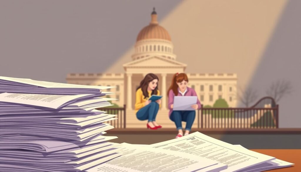 A detailed illustration of federal student loans in a clean, professional style. In the foreground, a stack of documents and forms symbolizing the paperwork and bureaucracy associated with federal loans. In the middle ground, a trio of students reviewing financial aid options on a laptop, conveying the process of navigating the federal student loan system. In the background, a government building or seal, representing the institutional nature of federal loans. Lighting is soft and warm, creating an atmosphere of thoughtfulness and responsibility. The overall mood is one of seriousness and importance, reflecting the gravity of the subject matter.