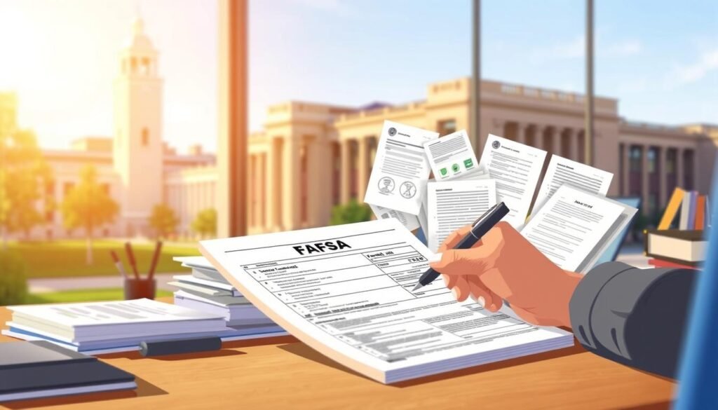A detailed illustration of the FAFSA application process, showcased in a clean, professional style. In the foreground, a person meticulously filling out a FAFSA form, with a computer monitor and desk accessories visible. In the middle ground, various financial aid documents and resources surround the applicant, suggesting the comprehensive nature of the process. The background features a softly blurred academic setting, such as a university campus or library, to convey the educational context. The lighting is warm and natural, creating a sense of focus and productivity. The overall composition should convey the complexity and importance of the FAFSA application, while maintaining a visually appealing and informative aesthetic.