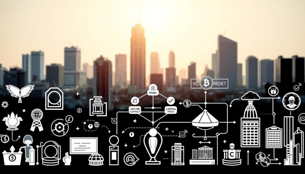 A detailed illustration of various startup funding models, showcased in a stylized, technical drawing. In the foreground, a selection of icons representing different funding sources, such as angel investors, venture capitalists, and crowdfunding platforms. In the middle ground, schematic diagrams depicting the flow of capital and the relationships between investors and entrepreneurs. In the background, a minimalist cityscape with skyscrapers, conveying an urban, innovative atmosphere. The lighting is crisp and clean, with a subtle technical aesthetic. The overall composition is balanced and visually compelling, guiding the viewer through the different elements of startup funding.