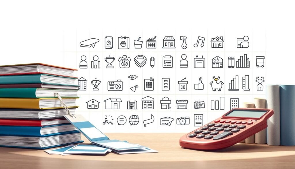 A detailed, meticulously rendered illustration of the cost of attending a university, capturing the intricate financial considerations students and families face. The foreground depicts a stack of textbooks, student ID cards, and a calculator, symbolizing the academic and administrative expenses. The middle ground showcases a variety of icons representing tuition, room and board, fees, and other cost elements, all neatly organized against a soft, neutral background. The background features a subtle grid pattern, adding a sense of structure and organization to the overall composition. The lighting is natural and diffused, creating a contemplative, informative atmosphere, inviting the viewer to ponder the complexities of college funding.