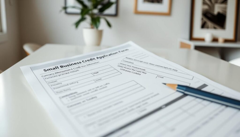 A detailed, neatly organized small business credit application form laid out on a clean, well-lit desktop. The form features clearly labeled sections for company information, financial details, and credit history. The background is a soft, blurred office setting with a potted plant and framed artwork, creating a professional, approachable atmosphere. The lighting is natural and diffused, emphasizing the legibility of the document. The camera angle is slightly elevated, giving a sense of authority and importance to the application process. The overall mood is one of diligence, transparency, and the potential for growth and success for the small business owner.