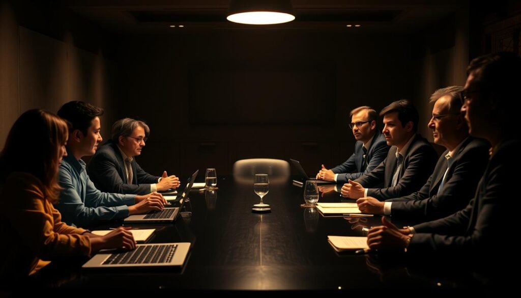 A dimly lit boardroom scene, with two distinct sides. On the left, a vibrant and dynamic startup team, surrounded by cutting-edge technology and a sense of ambitious energy. On the right, a group of well-dressed, experienced investors, exuding an air of calculated precision. The contrast between the two worlds is palpable, as the startup founders pitch their innovative ideas to the venture capitalists, who scrutinize every detail with an analytical gaze. The lighting is warm and atmospheric, casting dramatic shadows that highlight the tension and excitement of the negotiation. The overall composition conveys the high-stakes world of angel investing and venture capital, where risks and rewards are delicately balanced.