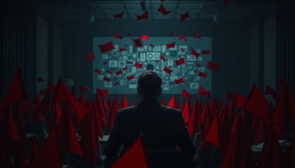A dimly lit conference room, the air thick with anticipation. In the foreground, a lone angel investor sits pensively, surrounded by a sea of glaring red flags - symbols of the common pitfalls that plague the unwary. The middle ground reveals a confusing tangle of charts, figures, and misleading projections, casting shadows of doubt. In the background, a hazy silhouette of a startup founder, their true intentions obscured by the fog of exaggerated promises. The scene is bathed in an ominous, low-key lighting, creating a sense of unease and caution. A cautionary tale, a stark reminder of the perils that await the uninformed angel investor.