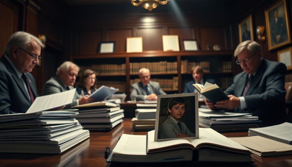 A dimly lit, mahogany-paneled room, where a panel of distinguished individuals examines stacks of student files. Soft beams of light cast a contemplative glow, as they meticulously review academic records, test scores, and extracurricular achievements. The air is hushed, save for the occasional turn of a page, the tapping of a pen, and the murmurs of deliberation. In the foreground, a student's photo sits atop a file, their expression one of hopeful anticipation. The middle ground features a backdrop of bookshelves and diplomas, conveying the gravity and prestige of the selection process. The overall atmosphere is one of careful consideration, as the panel works to identify the most deserving candidates for the coveted merit scholarships.