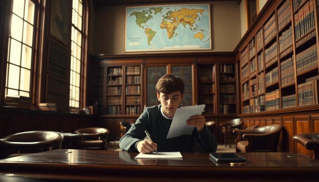 A dimly lit study room, mahogany furniture and leather-bound books lining the walls. In the center, a student sits at a grand wooden desk, meticulously filling out a Rhodes Scholarship application form, brow furrowed in concentration. Soft light filters in through tall windows, casting a warm glow on the scene. In the background, a world map hangs, hinting at the global reach and prestige of the scholarship. The atmosphere is one of academic rigor and aspiration, the student's focused determination palpable.