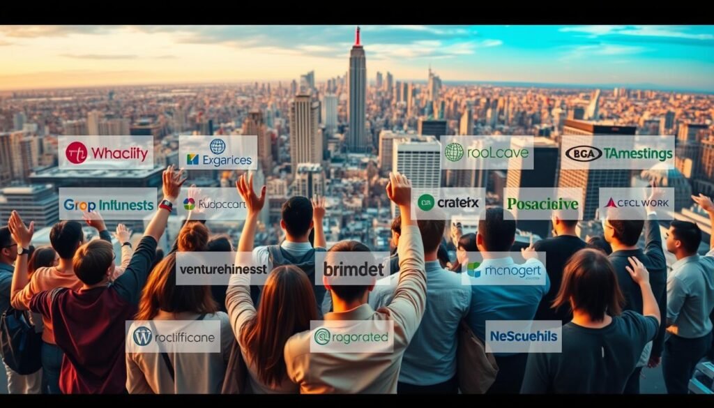 A diverse array of business funding programs unfolds within a bustling urban landscape. In the foreground, a group of entrepreneurs gesticulate enthusiastically, representing the vibrant array of industries and backgrounds. The middle ground showcases various funding sources, from venture capitalists to government grants, each with its own distinct visual identity. In the background, a panoramic view of the city skyline sets the stage, hinting at the broader economic ecosystem supporting these initiatives. Warm yet professional lighting illuminates the scene, creating a sense of opportunity and dynamism. The camera angle is slightly elevated, conveying a perspective of inclusivity and collaboration.