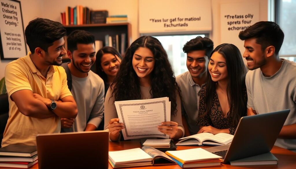 A diverse group of Hispanic students, smiling and focused, gathered around a table covered in academic books and laptops. The scene is illuminated by warm, diffused lighting, creating a cozy, studious atmosphere. In the foreground, a young woman holds a stack of scholarship application forms, while her peers discuss and review the documents. The middle ground features a large, framed certificate or diploma, hinting at their academic achievements. The background showcases a bookshelf, a wall displaying inspirational quotes, and a window overlooking a bustling city, symbolizing the bright futures these students are working towards. The overall composition conveys a sense of determination, community, and the transformative power of education.