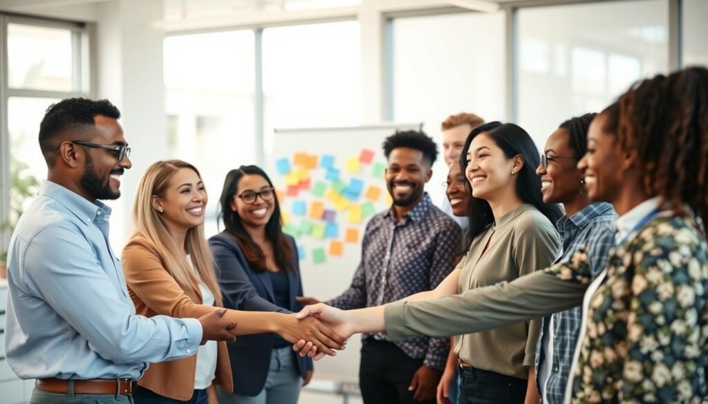 A diverse group of people gathered in a bright, airy office space, representing various ages, ethnicities, and backgrounds. In the foreground, smiling professionals shake hands and exchange ideas, their body language conveying a sense of collaboration and inclusion. The middle ground features a whiteboard with colorful brainstorming notes, hinting at the innovative nature of their work. In the background, large windows let in natural light, creating a warm and welcoming atmosphere. The overall scene evokes a vibrant, equitable, and dynamic workspace where diversity is celebrated and leveraged as a strength.