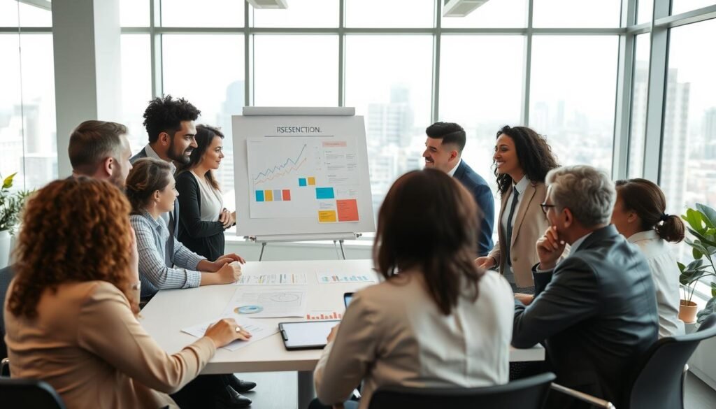 A diverse group of professionals collaborating in a well-lit, airy office space. In the foreground, a team of individuals in business attire are engaged in a lively discussion around a conference table, their expressions thoughtful and engaged. In the middle ground, a whiteboard displays colorful diagrams and charts, indicating the strategic planning underway. The background features large windows overlooking a vibrant cityscape, suggesting a sense of energy and forward momentum. The overall atmosphere conveys a spirit of cooperation, innovation, and a shared commitment to achieving their goals.