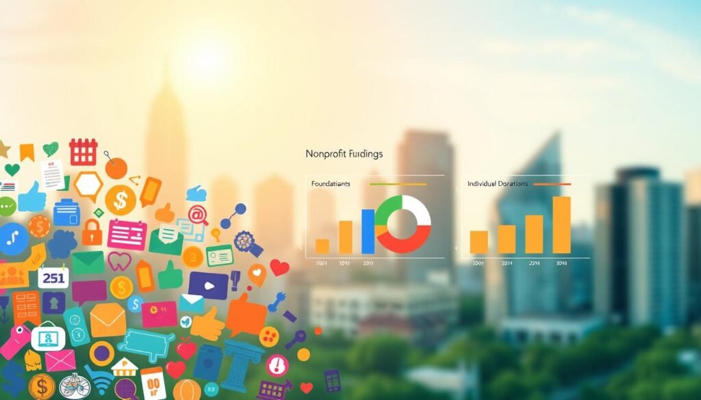 A dynamic and visually engaging illustration showcasing the diverse sources of nonprofit funding. In the foreground, a vibrant collage of icons representing various grant types, such as government grants, foundation grants, corporate sponsorships, and individual donations. In the middle ground, a sleek infographic with pie charts and bar graphs depicting the proportions and trends of these funding streams. The background features a soft, blurred cityscape, symbolizing the urban landscape in which many nonprofits operate. The lighting is warm and inviting, creating a sense of optimism and possibility. The overall composition is balanced, with a clean and modern aesthetic that captures the complexity and importance of nonprofit funding.