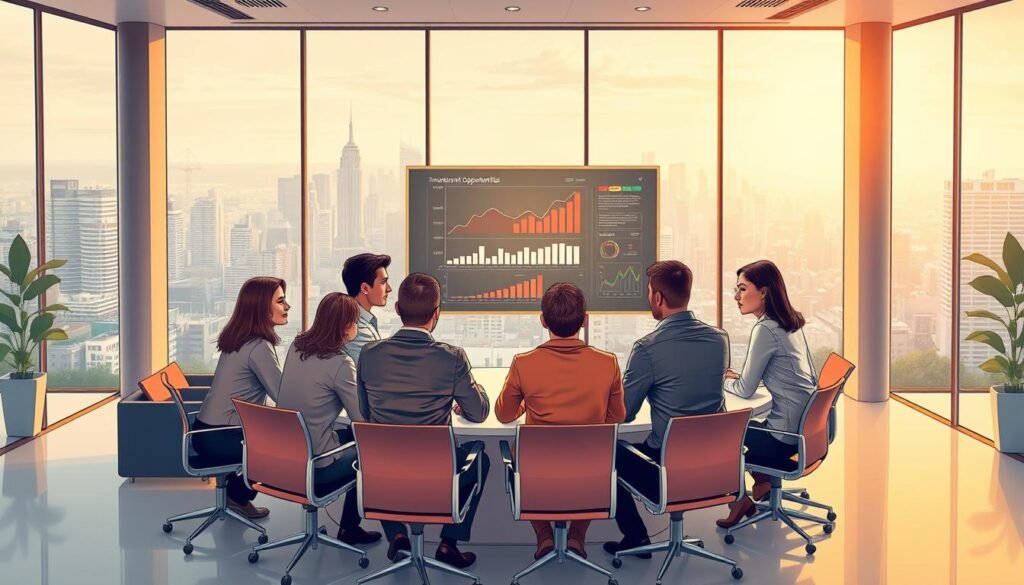 A dynamic angel investment network, captured in a detailed illustration. In the foreground, a group of investors gathered around a conference table, engaged in lively discussions. Sleek modern furnishings and floor-to-ceiling windows create a professional, yet inviting atmosphere. In the middle ground, a digital display showcases investment opportunities, with graphs and charts highlighting key metrics. The background features a bustling cityscape, symbolizing the thriving entrepreneurial ecosystem that supports this network. Warm lighting casts a soft glow, conveying a sense of collaboration and innovation. The composition emphasizes the collaborative nature of angel investing, with the investors and startups working together towards mutual success.