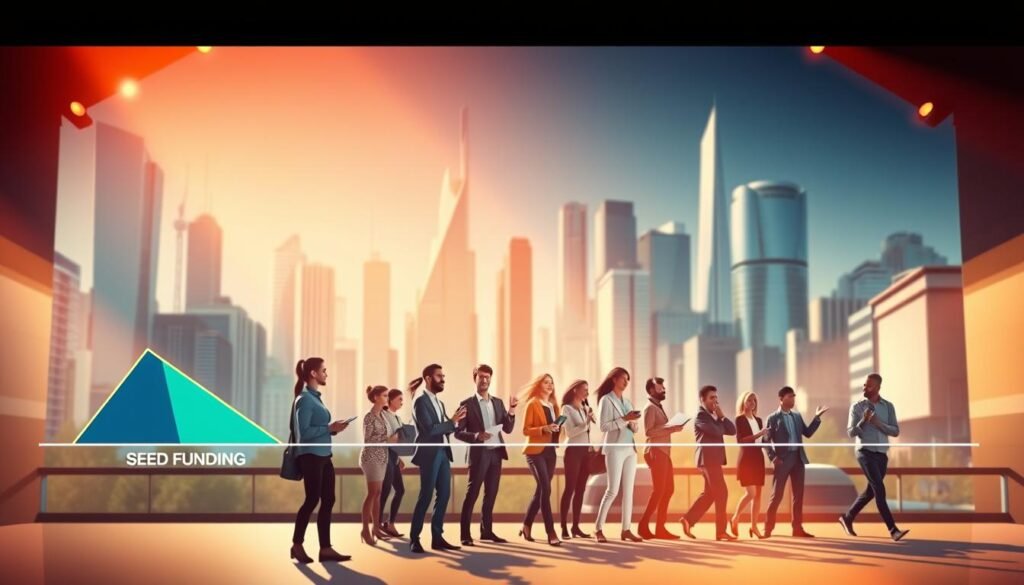 A dynamic illustration of the stages of venture capital funding, captured in a sleek, cinematic style. In the foreground, a vibrant timeline unfolds, depicting the key milestones - seed funding, series A, series B, and so on, each stage represented by an abstract geometric shape. The middle ground features a diverse cast of entrepreneurs, investors, and industry experts, engaged in animated discussions, their expressions conveying the excitement and challenges of the startup ecosystem. In the background, a cityscape of towering skyscrapers and bustling streets sets the stage, suggesting the broader economic landscape that venture capital thrives within. Warm, directional lighting casts dramatic shadows, creating a sense of depth and urgency, while a subtle depth-of-field effect helps to focus the viewer's attention on the central narrative.
