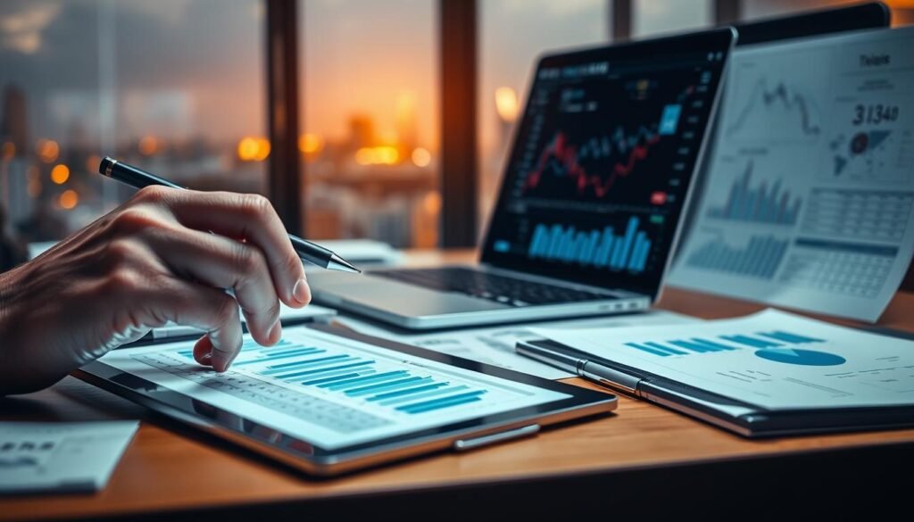 A financial consultant's desk, filled with graphs, charts, and spreadsheets, illuminated by warm, focused lighting. In the foreground, a hand holds a pen, calculating long-term cash flow projections on a tablet. The middle ground features a laptop displaying complex financial models, with a cityscape visible through the window behind it, suggesting the broader economic landscape. The background is softly blurred, creating a sense of depth and focus on the crucial task at hand - meticulously planning for a stable, prosperous financial future.