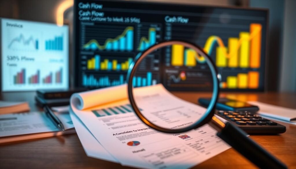A financial dashboard displays various metrics and charts, illuminated by warm, directional lighting. In the foreground, a magnifying glass hovers over a detailed cash flow analysis, highlighting key insights. The middle ground features business documents, invoices, and a calculator, all neatly arranged on a wooden desk. The background subtly blurs, drawing the viewer's attention to the central focus on strategies to improve cash flow, creating a sense of intentionality and problem-solving.