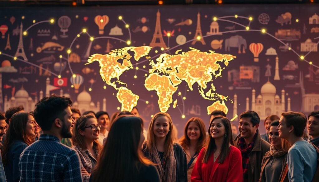 A global network of Fulbright scholars, connected by a shared vision of international exchange and mutual understanding. In the foreground, a diverse group of individuals, their faces alight with enthusiasm, engaged in lively discussion. In the middle ground, a grand world map, its continents linked by glowing lines, symbolizing the far-reaching impact of the Fulbright program. The background is a vibrant tapestry of iconic landmarks, from the Eiffel Tower to the Taj Mahal, reflecting the program's global reach. Warm, soft lighting illuminates the scene, creating a sense of camaraderie and intellectual curiosity. The overall atmosphere conveys the transformative power of the Fulbright experience, fostering a world where cultural barriers are bridged, and knowledge is shared across borders.