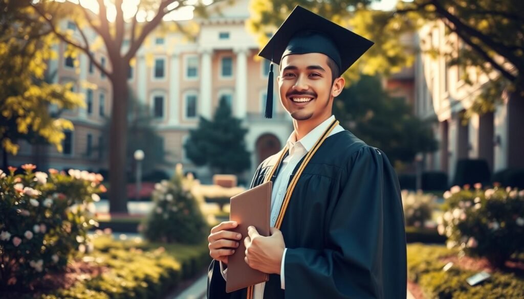 A graduate student in a cap and gown stands confidently in a sunlit university courtyard, surrounded by a lush garden of flowering trees and shrubbery. The student's expression radiates pride and accomplishment, their hands holding a diploma or certificate symbolizing their scholarly achievement. In the background, a stately academic building with classical architecture looms, casting a warm, golden glow across the scene. The lighting is soft and natural, creating a sense of tranquility and celebration. This image captures the joy and milestone of a graduate student earning a coveted scholarship, ready to embark on the next chapter of their academic journey.