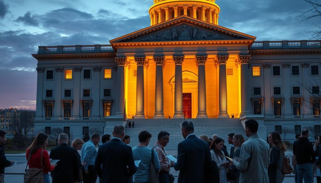 A grand, imposing government building with a neoclassical architectural style, reflecting the power and authority of the federal government. The building is illuminated by warm, golden lighting, casting a sense of gravitas and importance. In the foreground, a group of people are gathered, representing citizens and organizations seeking federal grant opportunities. They are engaged in discussions, exchanging documents, and examining information on digital tablets. The background features a cityscape, hinting at the widespread impact of federal grant programs on local communities. The overall atmosphere conveys a sense of opportunity, collaboration, and the crucial role of federal funding in empowering businesses and organizations. A grand, imposing government building with a neoclassical architectural style, reflecting the power and authority of the federal government. The building is illuminated by warm, golden lighting, casting a sense of gravitas and importance. In the foreground, a group of people are gathered, representing citizens and organizations seeking federal grant opportunities. They are engaged in discussions, exchanging documents, and examining information on digital tablets. The background features a cityscape, hinting at the widespread impact of federal grant programs on local communities. The overall atmosphere conveys a sense of opportunity, collaboration, and the crucial role of federal funding in empowering businesses and organizations.