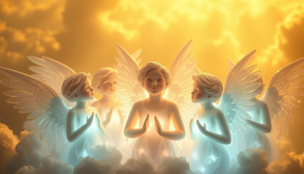 A group of ethereal angelic figures, their ethereal forms glowing with an otherworldly radiance, gathered in a serene, cloud-like realm. Diffuse, celestial lighting casts a warm, golden hue, accentuating the delicate, luminous features of the angels. Their expressions convey a sense of contemplation, collaboration, and benevolent guidance. The angels are positioned in a harmonious, synergistic arrangement, suggesting a collaborative, syndicative approach to their angelic duties. The overall atmosphere is one of tranquility, wisdom, and divine intervention.