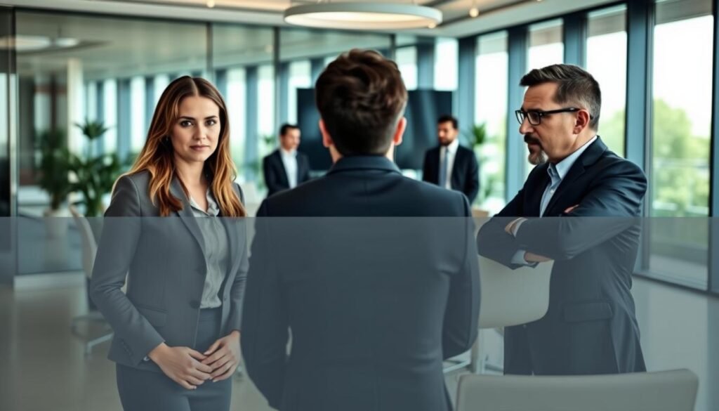 A group of well-dressed, confident venture capital investors gathered in a sleek, modern office setting. The foreground features three individuals, one woman and two men, engaged in a serious discussion, their expressions focused and intense. The middle ground showcases a large conference table surrounded by comfortable chairs, suggesting an environment conducive to high-level negotiations. The background is filled with floor-to-ceiling windows, allowing natural light to flood the space and creating a sense of openness and transparency. The overall atmosphere conveys an air of professionalism, innovation, and financial prowess, perfectly suited for the "Venture Capital and Investor Funding" section of the article.