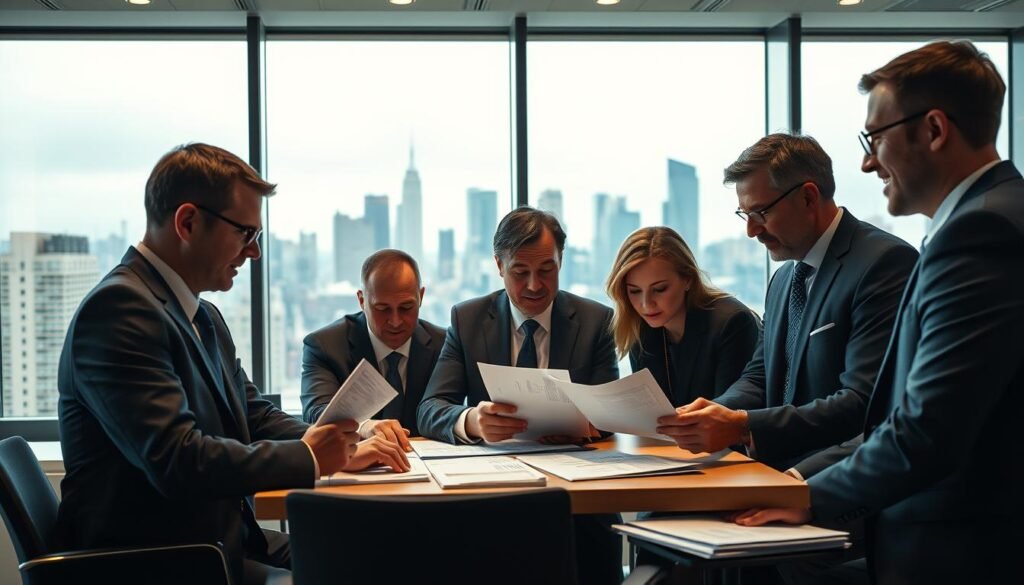 A group of well-dressed venture capital investors gathered around a table, examining financial documents and discussing potential investment opportunities. The scene is bathed in a warm, ambient light, creating a sense of seriousness and professionalism. In the background, a large window offers a glimpse of a bustling city skyline, symbolizing the dynamic and fast-paced world of venture capital. The investors' expressions are focused and intense, their body language conveying a sense of careful deliberation as they weigh the risks and rewards of various equity investments. The overall atmosphere is one of thoughtful, strategic decision-making, reflecting the high-stakes nature of the venture capital industry.