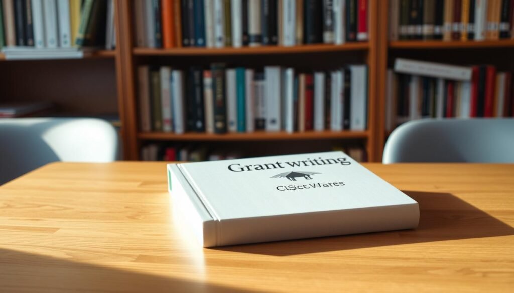 A hardcover book with a minimalist design sits on a warm, wooden desk. The cover features the title "Grant Writing Guide" in a bold, sans-serif font, with a subtle graphic icon or illustration. The book casts a soft shadow, indicating a natural, evenly-lit environment. In the background, a bookshelf filled with other reference materials and resources creates a sense of depth and an academic, professional atmosphere. The lighting is soft and diffused, creating a calming, focused ambiance suitable for research and study.