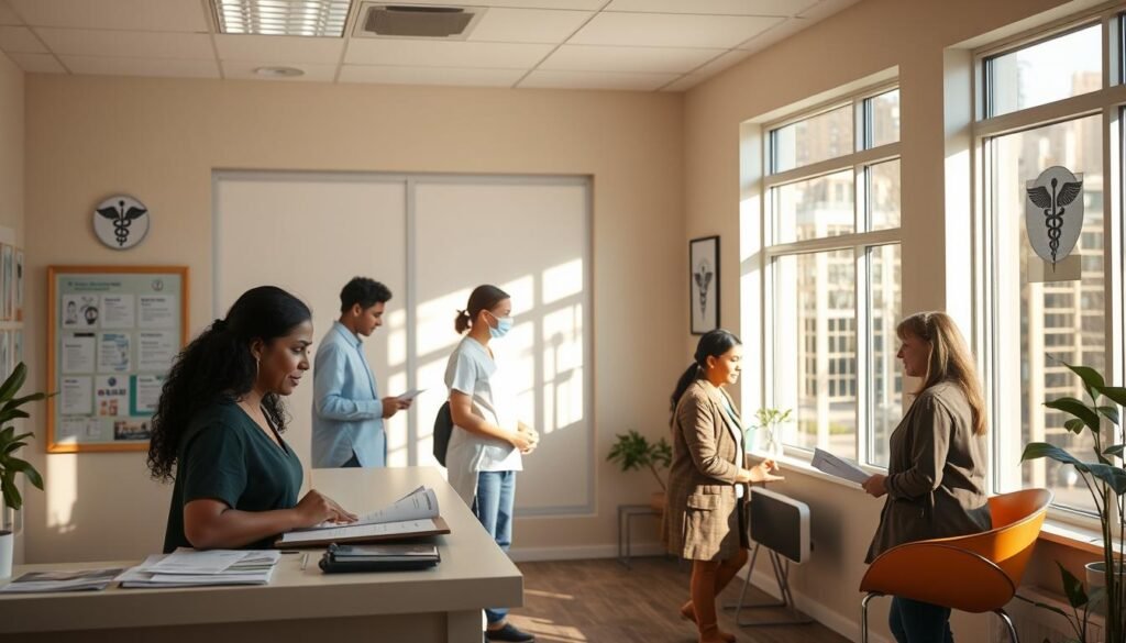 A healthcare assistance office, bathed in warm, natural lighting from large windows. In the foreground, a receptionist desk with a welcoming staff member, surrounded by informational brochures and documents. The middle ground showcases people of diverse backgrounds engaged in discussions with staff, seeking guidance on medical benefits and financial aid programs. Subtle healthcare-related iconography, such as the caduceus symbol, adorns the walls, conveying a sense of professionalism and care. The background depicts a soothing, neutral-toned color palette, creating a calming and approachable atmosphere, inviting visitors to feel comfortable and supported.