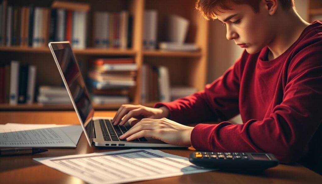 A high-contrast image of a student researching financial aid options on a laptop, with a financial aid application form and a calculator visible on the desk. The lighting is warm and focused, creating a sense of concentration and determination. The background is blurred, with books and papers on shelves, suggesting an academic setting. The overall mood is one of thoughtful planning and strategic decision-making.