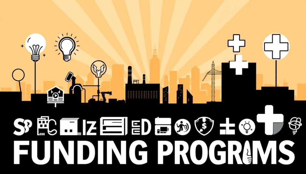 A high-contrast, stylized illustration of specialized funding programs for businesses and organizations. In the foreground, a variety of abstract icons and symbols representing different grant opportunities, such as a lightbulb for innovation grants, a factory for manufacturing grants, and a medical cross for healthcare grants. In the middle ground, a cityscape with modern architectural elements, conveying an urban, professional atmosphere. The background features a subtle gradient of warm, earthy tones, creating a sense of depth and stability. The lighting is dramatic, with beams of light radiating from the center, symbolizing the transformative power of these specialized funding programs. The overall mood is one of opportunity, innovation, and focused support for unique organizational needs. A high-contrast, stylized illustration of specialized funding programs for businesses and organizations. In the foreground, a variety of abstract icons and symbols representing different grant opportunities, such as a lightbulb for innovation grants, a factory for manufacturing grants, and a medical cross for healthcare grants. In the middle ground, a cityscape with modern architectural elements, conveying an urban, professional atmosphere. The background features a subtle gradient of warm, earthy tones, creating a sense of depth and stability. The lighting is dramatic, with beams of light radiating from the center, symbolizing the transformative power of these specialized funding programs. The overall mood is one of opportunity, innovation, and focused support for unique organizational needs.