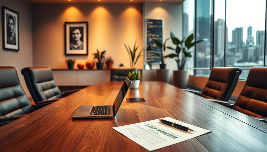A high-tech boardroom, bathed in warm, diffused lighting. In the foreground, a sleek, minimalist wooden table, adorned with a laptop, a stack of financial reports, and a pen resting atop a crisp white sheet. Surrounding the table, plush leather chairs in muted tones, exuding an air of professionalism and sophistication. In the middle ground, framed artwork and potted plants add a touch of vibrancy, while the background showcases a panoramic view of a bustling city skyline, highlighting the urban, dynamic nature of the venture capital industry. The scene conveys a sense of strategic decision-making, analytical prowess, and a keen eye for emerging opportunities.