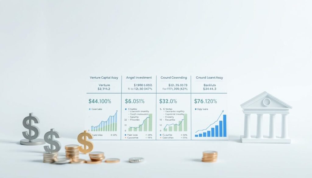 A meticulously composed image of various funding options presented in a clean, informative layout. In the foreground, distinct financial icons representing venture capital, angel investment, crowdfunding, and bank loans are arranged thoughtfully. The middle ground showcases detailed graphs and charts comparing the key attributes of each funding type, such as investment amounts, timelines, and equity stakes. The background features a soft, minimalist gradient in calming tones, creating a professional, data-driven atmosphere. Lighting is subtle yet effective, casting gentle shadows to accentuate the graphical elements. The camera angle is positioned to provide an optimal overview, capturing the comprehensive nature of the funding options comparison.