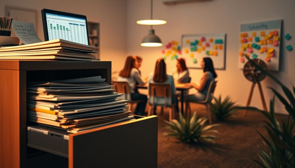 A meticulously crafted landscape showcasing various scholarship funding strategies. In the foreground, a well-stocked filing cabinet, its drawers open to reveal neatly organized documents and financial records. Behind it, a desktop computer displays a spreadsheet, conveying the intricate budgeting process. In the middle ground, a group of students gather around a conference table, engaged in a lively discussion, their faces lit by the warm glow of a pendant lamp. In the background, a wall-mounted whiteboard is adorned with colorful sticky notes, representing the ideation and planning stages. The overall scene is bathed in a soft, inviting light, conveying a sense of focus, diligence, and the collaborative nature of establishing a successful scholarship fund.