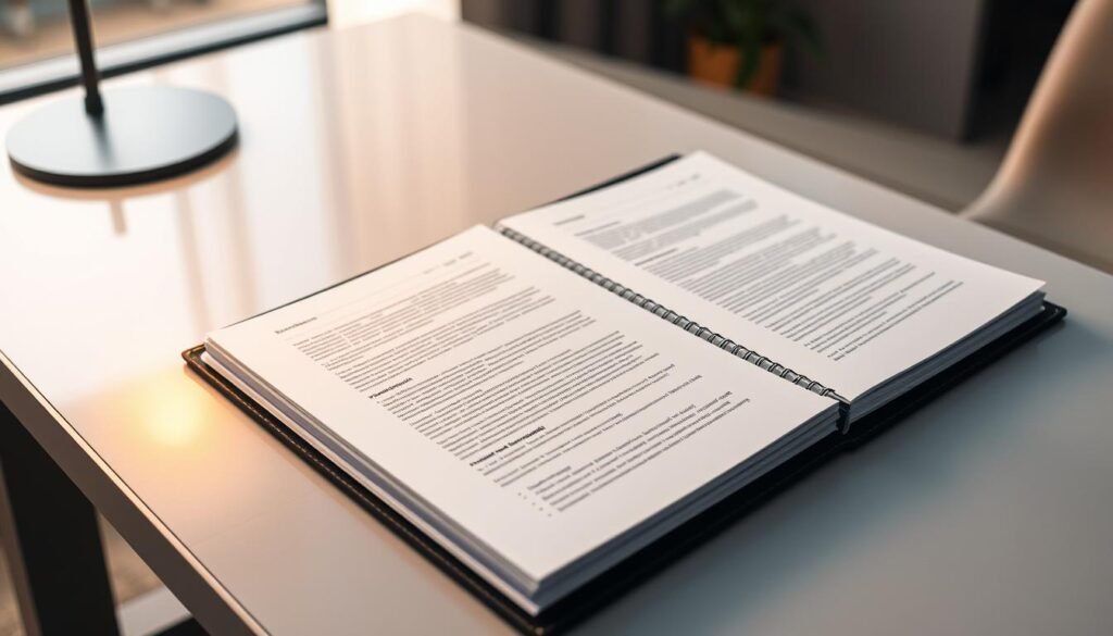 A meticulously curated grant proposal portfolio sits on a sleek, modern desk. The portfolio features a clean, minimalist design with high-quality paper and professional binding. Carefully selected samples of past grant proposals and supporting documents are neatly organized within the portfolio, showcasing the applicant's attention to detail, writing prowess, and successful grant-securing track record. Soft, indirect lighting from a nearby window casts a warm glow, highlighting the portfolio's elegant craftsmanship. The overall scene conveys a sense of professionalism, diligence, and a strong candidate prepared to navigate the grant application process with confidence.