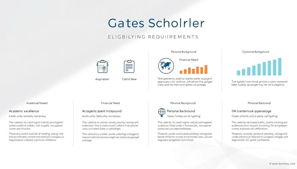 A meticulously designed infographic illustrating the eligibility requirements for the prestigious Gates Scholarship. A clean, minimalist layout with crisp typography and elegant data visualizations. The foreground features bold, attention-grabbing icons and charts highlighting key criteria such as academic excellence, financial need, and personal background. The middle ground showcases subtle textual details elaborating on each requirement, while the background maintains a serene, neutral palette to allow the information to take center stage. Soft, diffused lighting casts a professional, authoritative atmosphere, captured through a wide-angle lens to convey the comprehensive nature of the content. An image that seamlessly blends form and function, providing a clear and compelling overview of the Gates Scholarship eligibility.