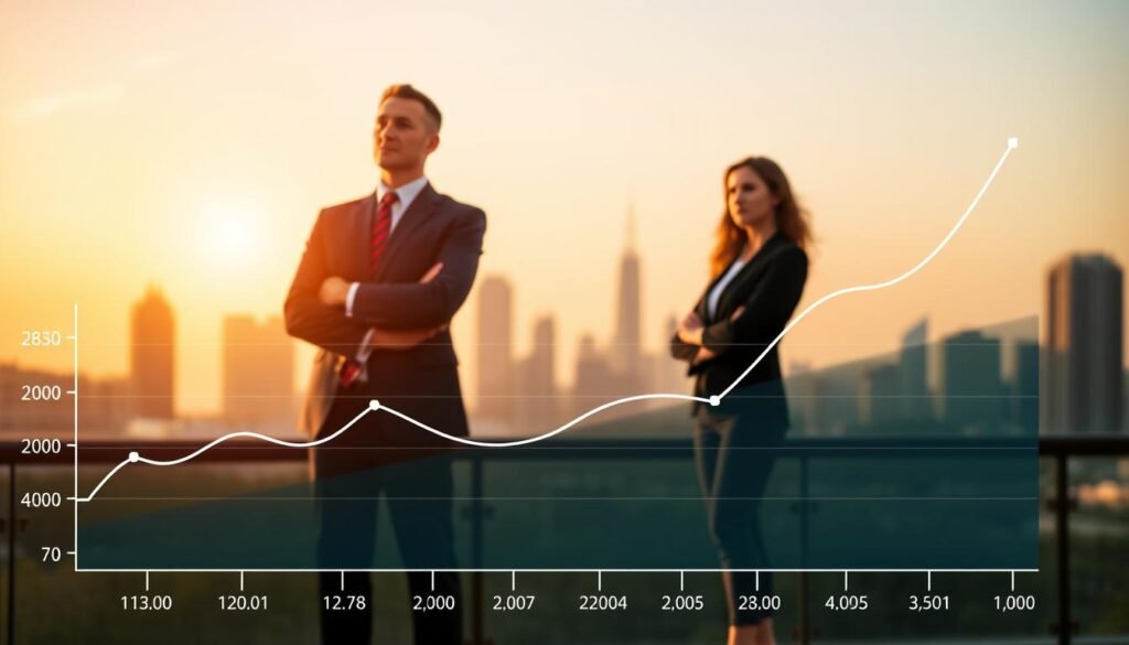 A meticulously detailed, data-driven visualization of grant management salary trends over the past decade. In the foreground, a crisp line graph depicts the steady rise in average salaries for grant managers, with distinct data points charting the growth trajectory. In the middle ground, a trio of grant professionals in formal attire stand contemplatively, their expressions reflecting the career advancement opportunities inherent in this field. The background showcases a softly blurred cityscape, symbolizing the professional and financial growth that grant management careers can facilitate. Warm, directional lighting casts a subtle glow, creating a sense of optimism and opportunity. The overall composition conveys the subject's authority and significance, making it a valuable asset for the article's exploration of grant management careers and salaries.