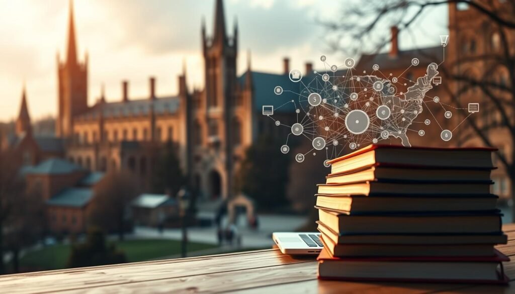 A meticulously detailed overview of higher education funding in the United States, captured through a wide-angle lens with a shallow depth of field. In the foreground, a stack of textbooks and a laptop symbolize the educational landscape, illuminated by warm, diffused lighting. The middle ground features a dynamic data visualization, conveying the complex web of funding sources and allocation. In the background, a sprawling campus with towering gothic architecture creates a sense of prestige and legacy. The overall mood is one of scholarly contemplation, inviting the viewer to delve into the intricacies of higher ed financing.