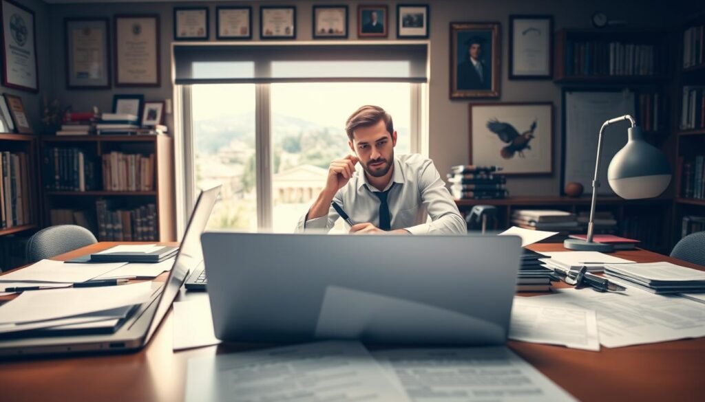 A meticulously organized workspace with a laptop, scattered documents, and a well-crafted grant application in the foreground, bathed in soft, warm lighting. In the middle ground, a thoughtful academic sits at the desk, pen in hand, deep in concentration. The background features academic certificates, bookshelves, and a window overlooking a picturesque campus, conveying a sense of scholarly achievement and success. The overall atmosphere is one of focus, dedication, and the anticipation of a successful grant application.