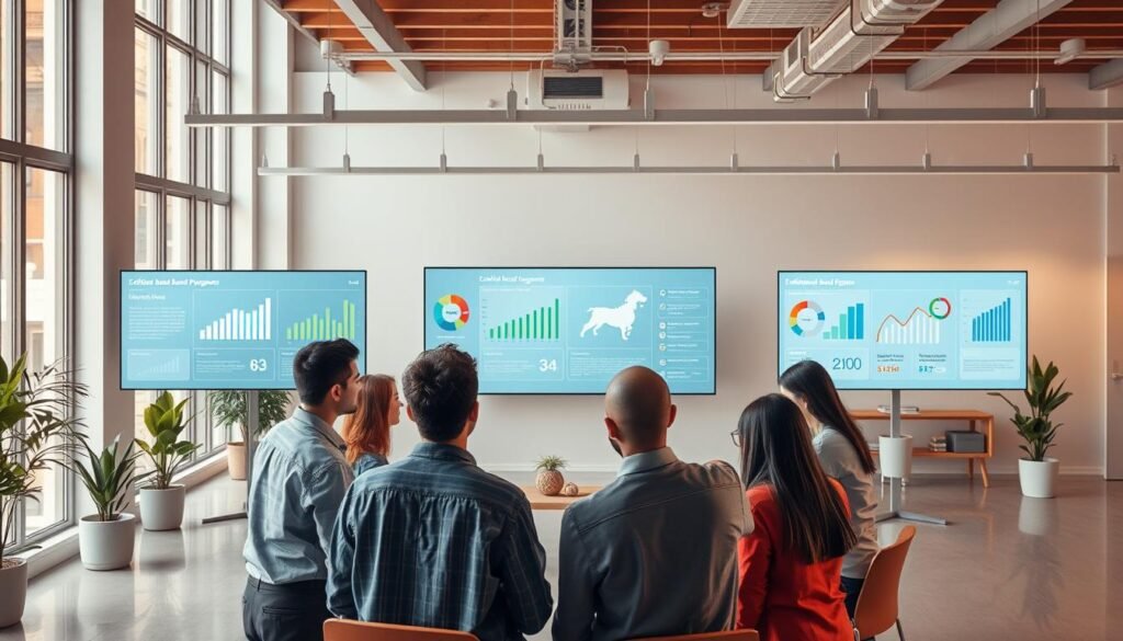 A meticulously-rendered scene showcasing evidence-based programs in action. In the foreground, a group of people engaged in constructive discussions, their faces lit by a warm, natural light filtering through large windows. In the middle ground, a series of infographics and data visualizations displayed on sleek, modern screens, illustrating the tangible impacts of the programs. The background features an airy, minimalist office space, dotted with potted plants and tasteful decor, conveying a sense of professionalism and innovation. The overall mood is one of collaborative problem-solving, guided by a steadfast commitment to data-driven decision making.
