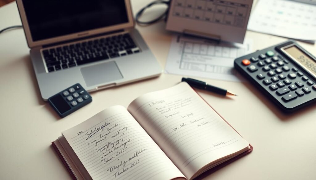 A minimalist desk with a laptop, calculator, and scattered papers representing a scholarship budget planning process. The lighting is soft and warm, creating a focused and contemplative atmosphere. The mid-ground features an open notebook with handwritten notes and a pen, while the background showcases a calendar and financial documents, hinting at the systematic approach to this task. The composition is balanced, with a clean, uncluttered layout that emphasizes the organization and diligence required for effective scholarship budget planning.